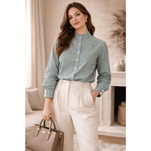 VILAGALLO Women Embroidered Top Size 42 XL Striped Butterfly Quiet Luxury Preppy